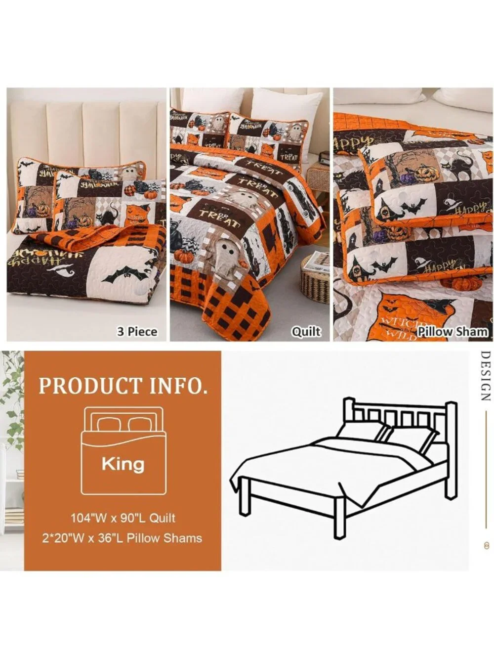 King Size Halloween Quilt Set - Fall Patchwork Bedspread 3-Piece Bedding Set